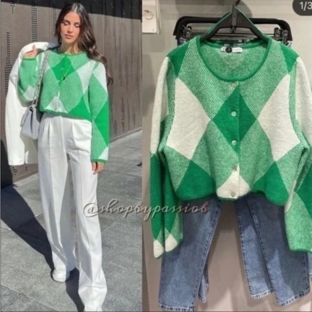 ZARA Argyle Jacquard knit cardigan 5755/022 - Picture 5 of 16